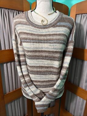 a.n.a Striped Crewneck Sweater in Brown, Cream, and Light Blue